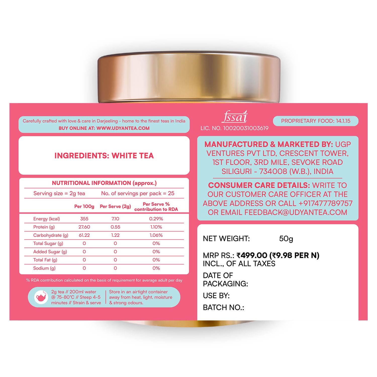 Udyan Tea Himalayan Mist White Tea - 50gm, 1.7 Ounce, 25 Cups | Fresh Loose Leaf White Tea For Healthy Skin - Handcrafted With Sweet Rose & Botanical Notes | Antioxidant Rich, Low Caffeine