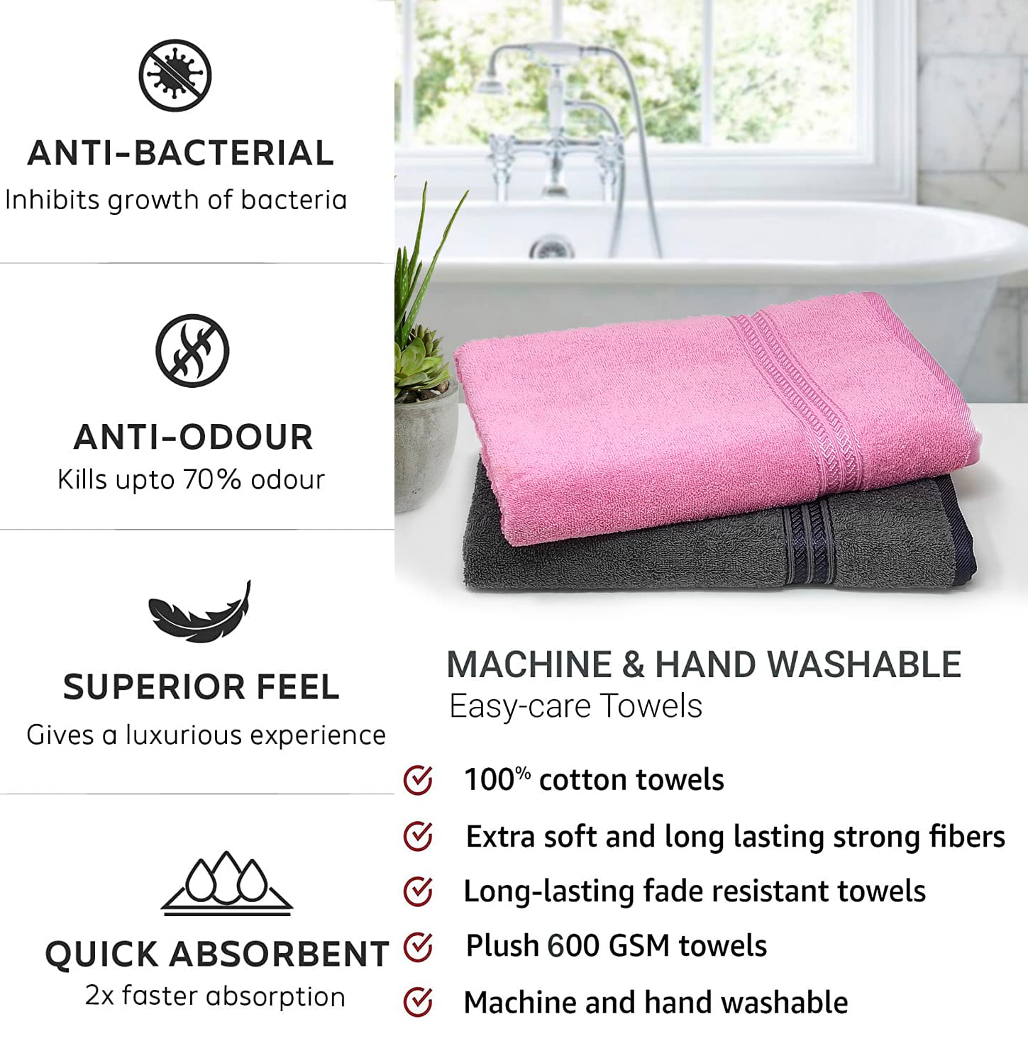 Lukzer Soft 100% Cotton Light Weight Super Absorbant Bath Towel 1200 Gsm (Steel Grey & Pink) - 2 Pcs