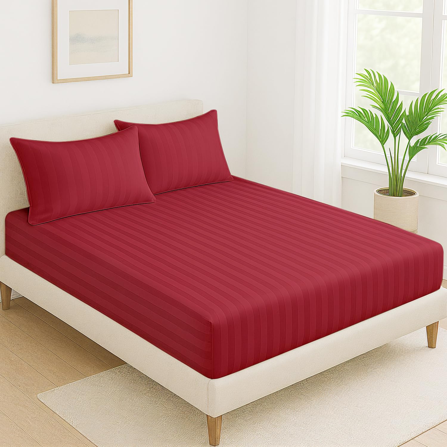 Elastic Fitted Bedsheet For Queen Size With 2 Pillow Covers | 60 X 78 Inches, Red - Soft & Comfortable Ideal For Guest Room, Hotel