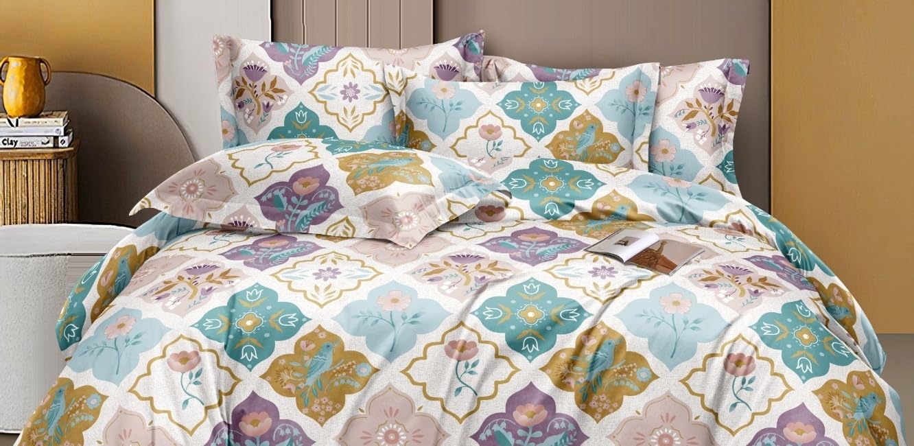 Bedsheet For Queen Size With 2 Pillow Covers - 60 X 78 Inches, Multicolor | Soft & Skin-Friendly Fabric | All Around Elastic Fitted Bedsheet