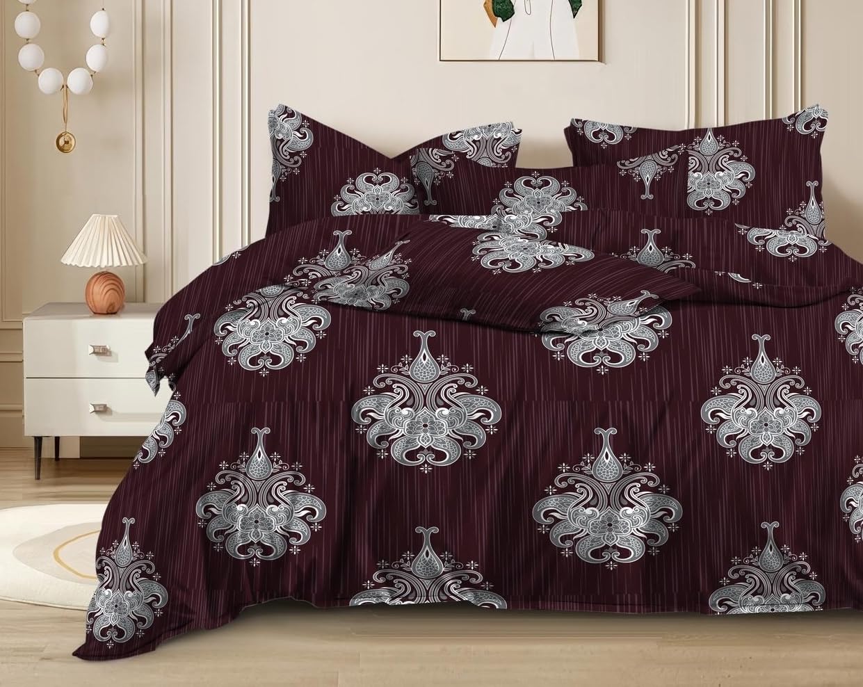 1 Flat Bedsheet For King Size With 2 Pillow Cover + Comforter - 90 X 100 Inch, Wine | Super Soft Glace Cotton - 4 Pcs Bedding Set | Perfect Gifts Set Wedding, Anniversary