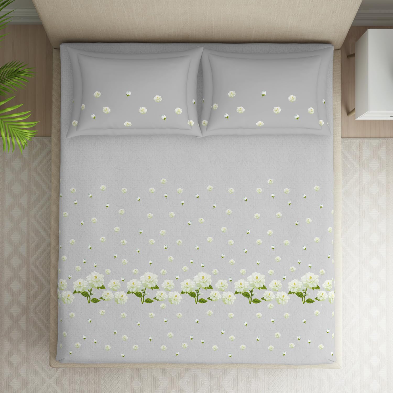 Double Bedsheet With 2 Pillow Covers (Size 88 X 100 Inch) Light Grey | Breathable Pure Cotton Queen Size Bedsheet | Floral Design Bedsheet
