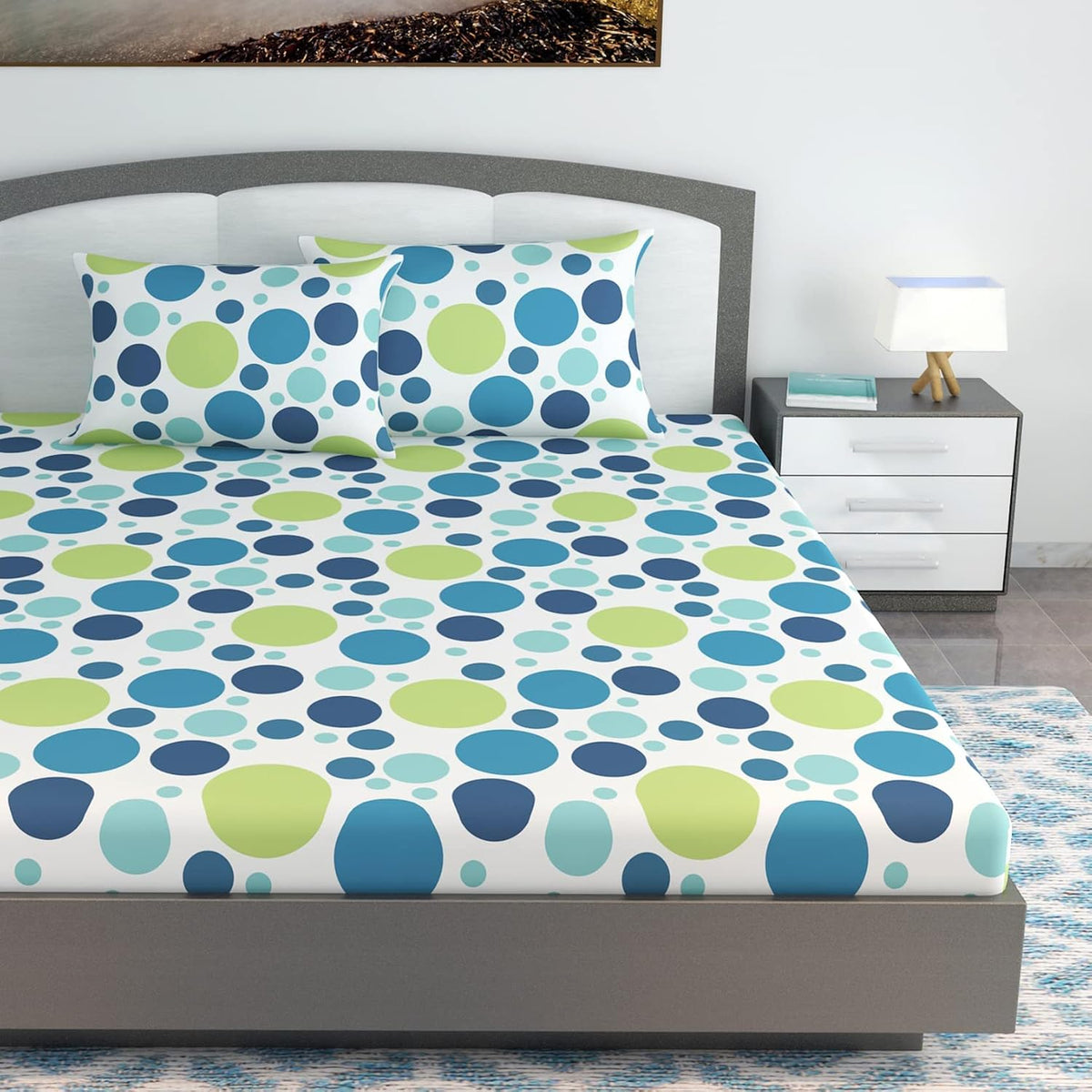100% Cotton Double Bedsheet For King Size With 2 Pillow Covers | 108 X 108 Inches, White & Blue - Perfect For Home, Guest House, Hotel | Soft, Breathable & Comfortable
