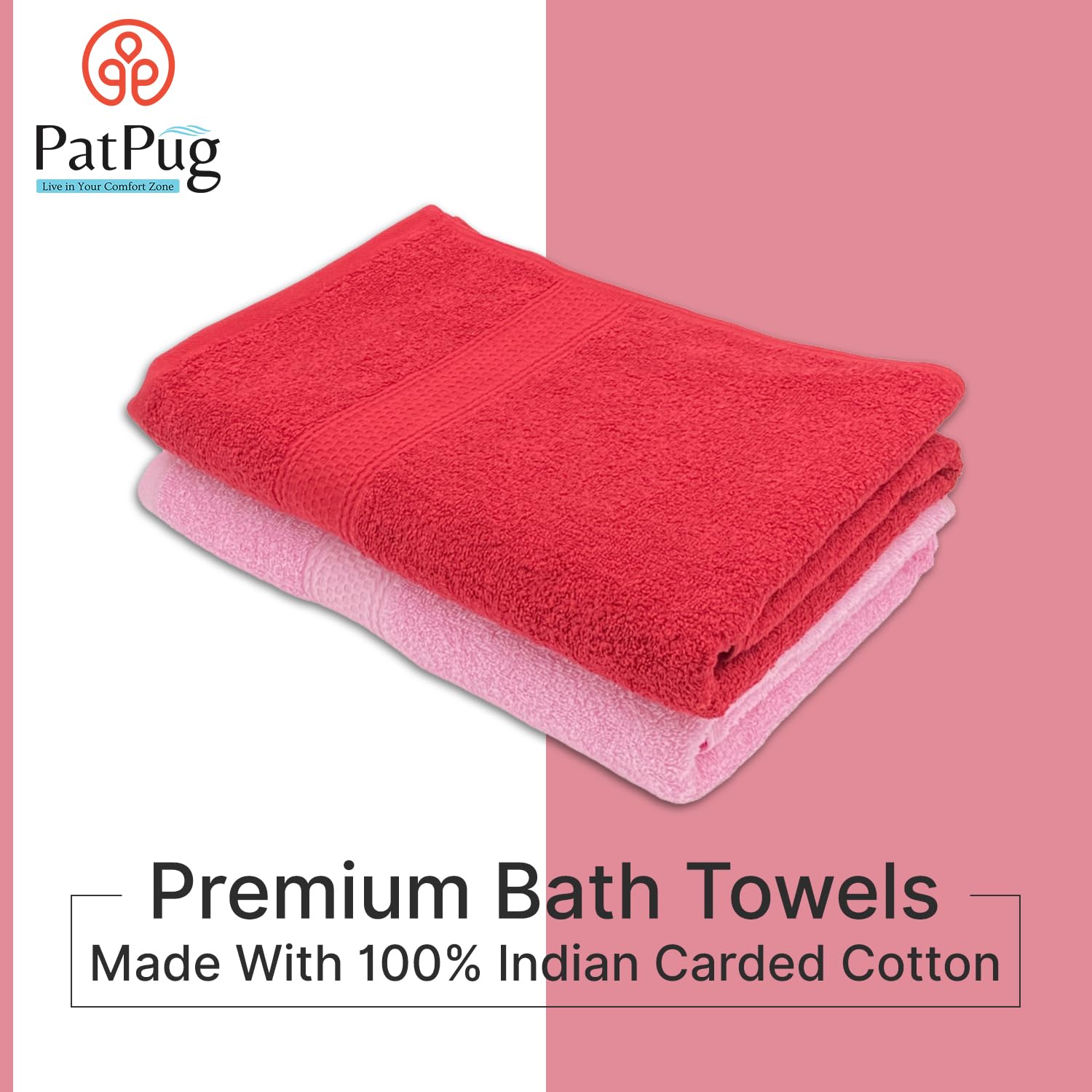 PatPug 100% Indian Ultra Soft Cotton 450 Gsm Bath Towel Large Bath Towel | Highly Absorbent Quick Drying Durable Towel For Men, Women & Kids (Ruby Red & Baby Pink)