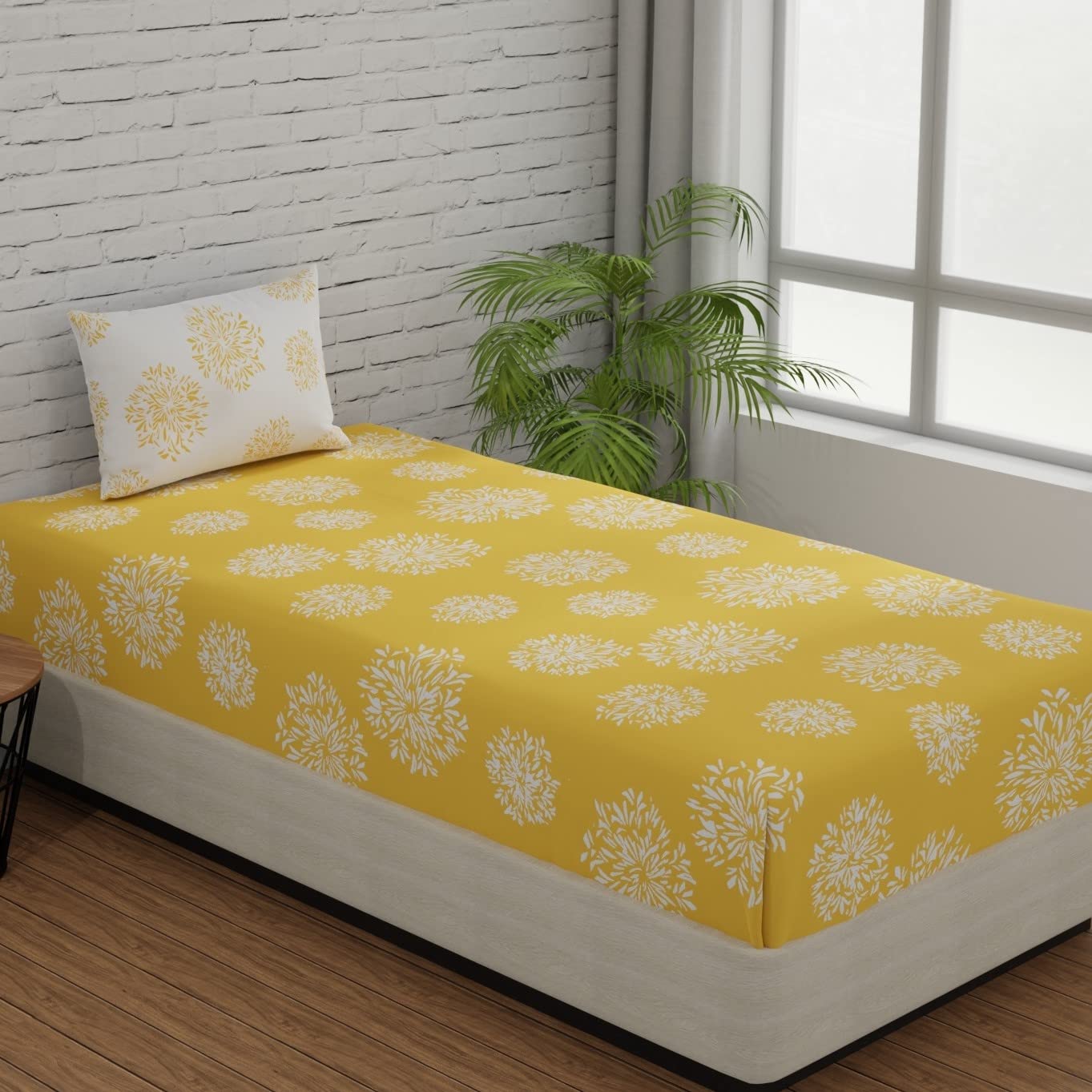 1 Single Bedsheet With 1 Pillow Cover | Durable & Long Lasting Fabric, Easy Hand & Machine Wash | Size - 55 X 88 Inches, Yellow & White
