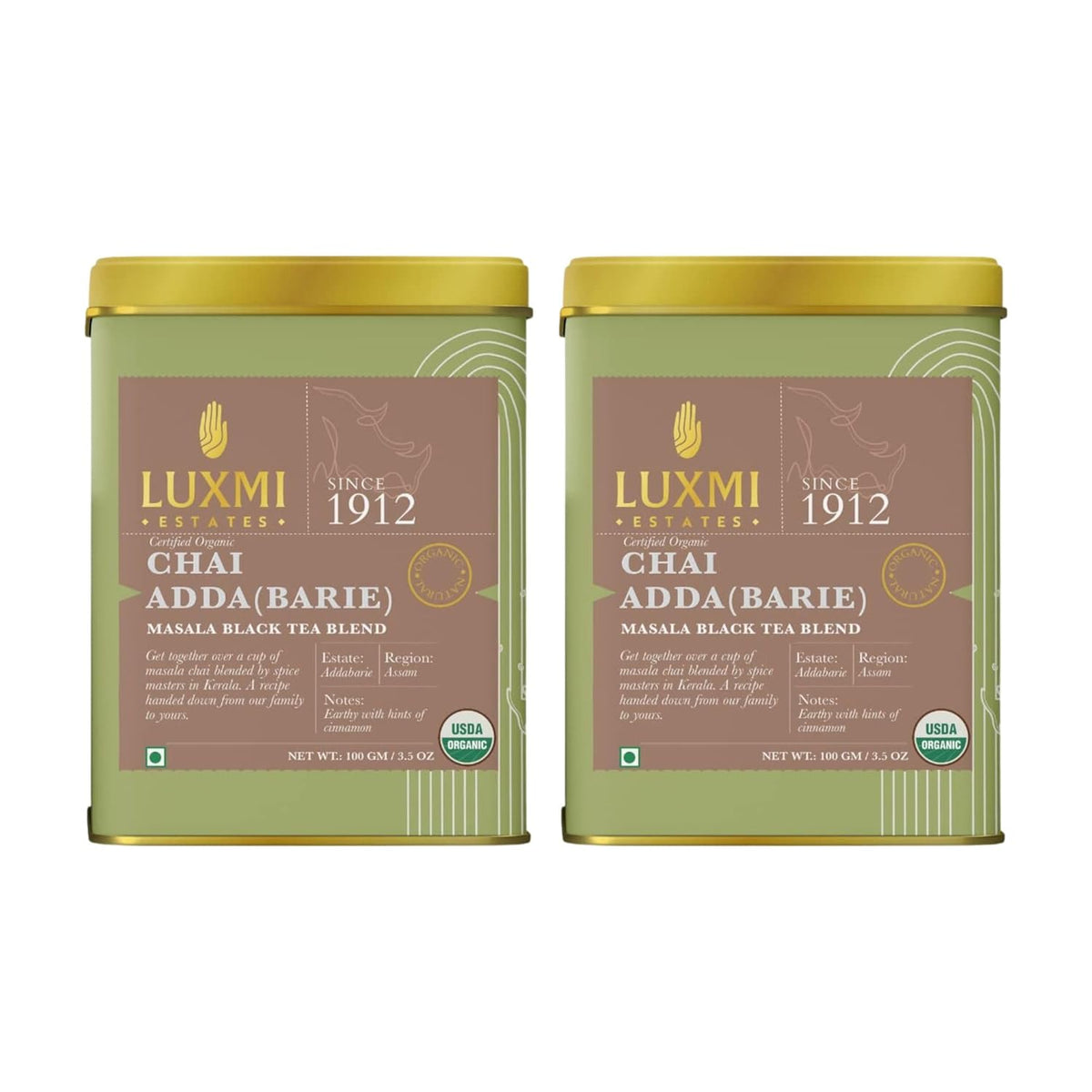 Luxmi Estates Chai Adda Barie Black Tea Pack Of 2 - 100gm Tin, 3.5 Ounce Each | USDA Certified Organic Masala Black Tea Blend - Indian Spice Chai Enriched With Cinnamon & Cardamom