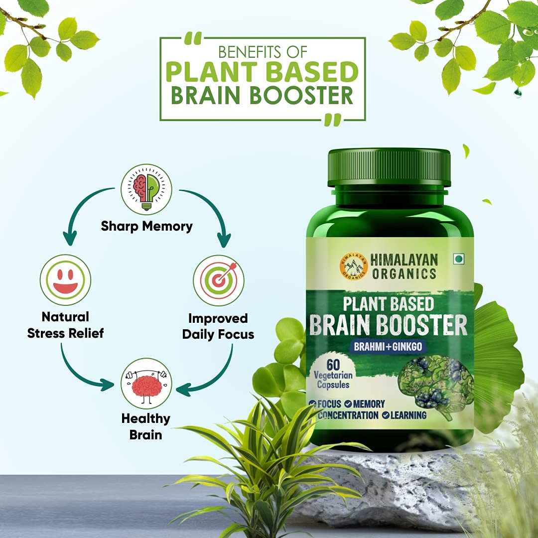 Himalayan Organics Plant Based Brain Booster Supplement With Ginkgo Biloba & Brahmi, Healthy Brain, Stress Relief, Improve Focus | 60 Veg Capsules 100gm 0.2lbs Each Pack Of 3