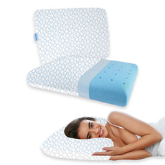 Cooling Memory Foam Pillow For Neck & Shoulder Pain, White & Blue | Orthopedic Pillow For Sleeping, Pain Relief & Spinal Alignment | Ergonomic Design, Removable Cover - Set Of 2