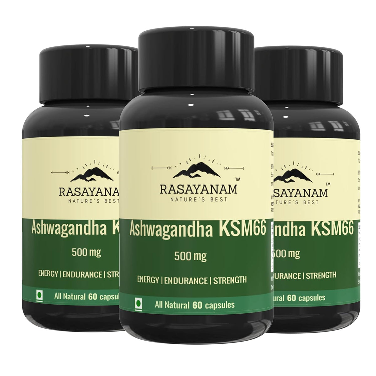 Rasayanam Ashwagandha Ksm-66 500mg Extra Strength Natural Formulation Support Strength & Energy Withania Somnifera Extract | 60 Veg Capsules 100gm 0.2lbs Each Pack Of 3
