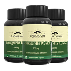 Rasayanam Ashwagandha Ksm-66 500mg Extra Strength Natural Formulation Support Strength & Energy Withania Somnifera Extract | 60 Veg Capsules 100gm 0.2lbs Each Pack Of 3
