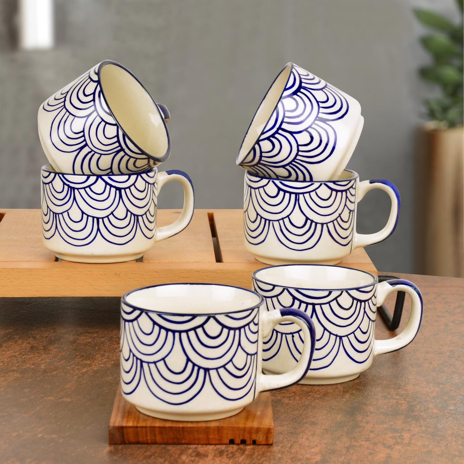 Hand Painted Blue Spiral Ceramic Cups Set Of 6 - Blue, 150ml Each | Microwave & Dishwasher Safe Tea Cups & Mugs - Cups For Chai, Coffee, Cappuccino, Milk, Latte, Hot & Cold Drinks