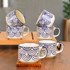 Hand Painted Blue Spiral Ceramic Cups Set Of 6 - Blue, 150ml Each | Microwave & Dishwasher Safe Tea Cups & Mugs - Cups For Chai, Coffee, Cappuccino, Milk, Latte, Hot & Cold Drinks