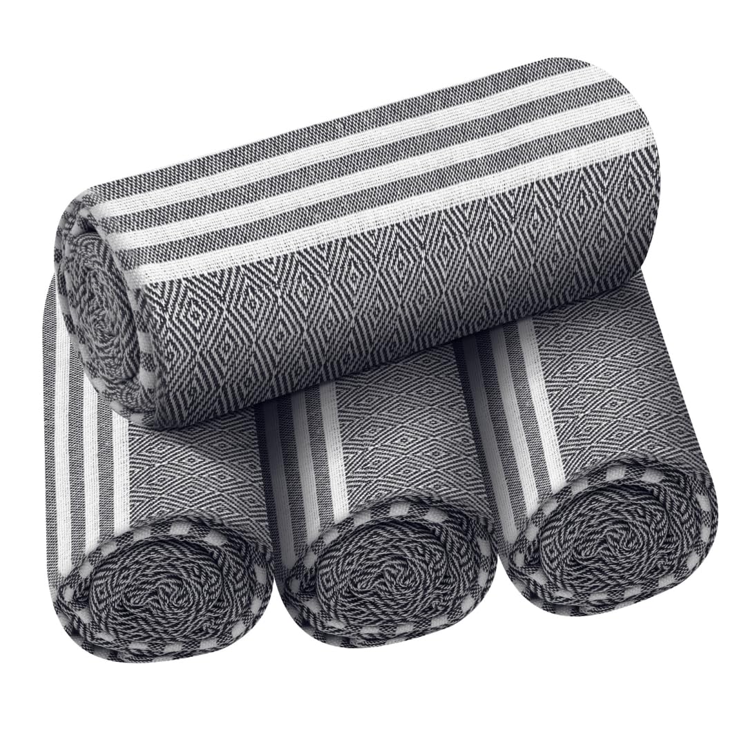 Destin Home Turkish Peshtemal Beach Towels 1.5 Kg | Cotton Soft, Lightweight, Quick-Drying & Absorbent For Beach Pool Spa Picnic Travel (Black)- Set Of 4