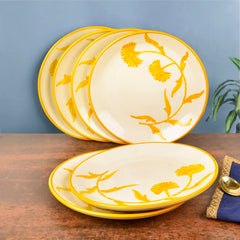 Hand Painted Ceramic Floral Dinner Serving Plates Set Of 6 - Yellow & Off White, Diameter: 10 Inches | Full Plates - The Lucid Yellow Collection