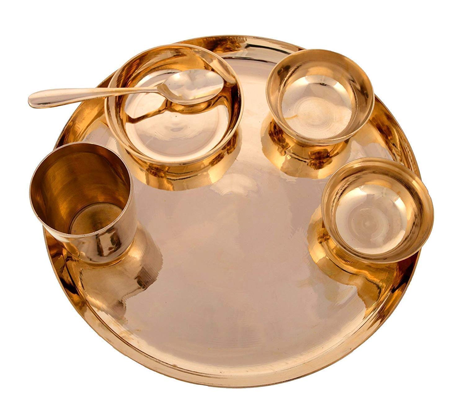 Metals Golden Bronze Dinner Thali Set | Set Of 6 - 1 Thali+ 2 Bowl+ 1 Sweet Plate+ 1 Glass+ 1 Spoon - Antique Look