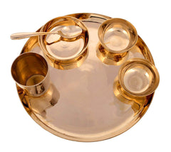 Metals Golden Bronze Dinner Thali Set | Set Of 6 - 1 Thali+ 2 Bowl+ 1 Sweet Plate+ 1 Glass+ 1 Spoon - Antique Look