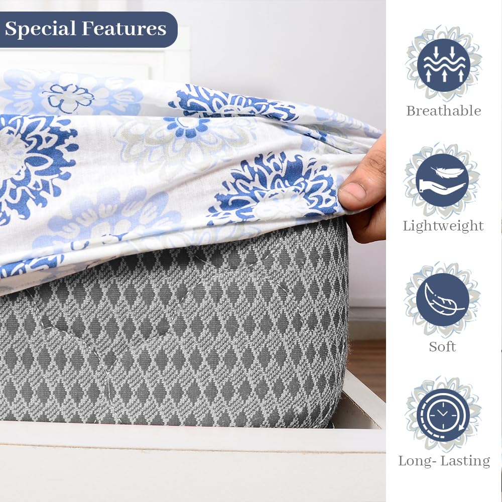 Printed King Size Double Bedsheet With 2 Pillow Cover For Bedroom | 72 X 78 Inches, Grey & Blue - All Around Elastic Fitted | Ideal For Everyday Use