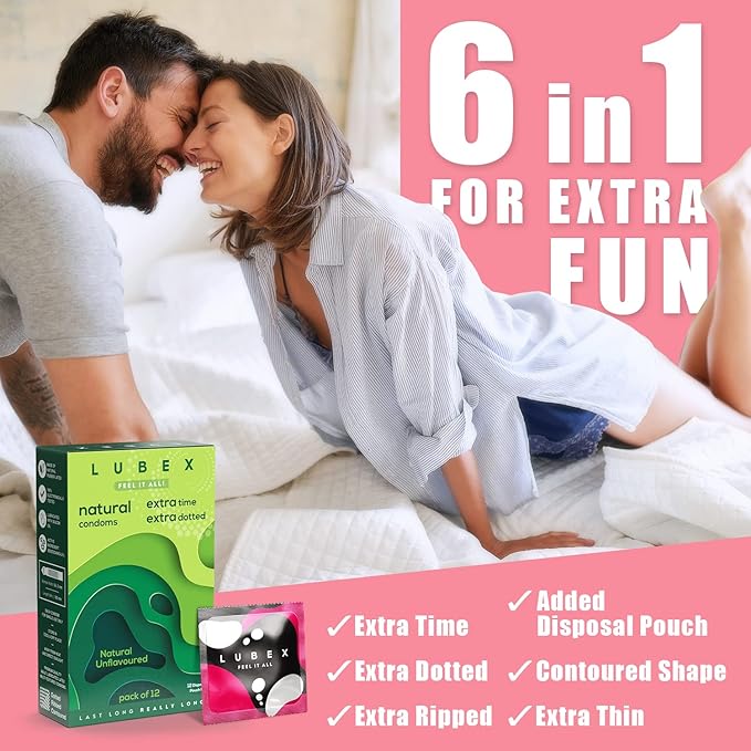 Lubex 6 In 1 Extra Time Condoms - Long Lasting - Ultra Thin & Extra Dotted - 12 Condom (Pack Of 1)