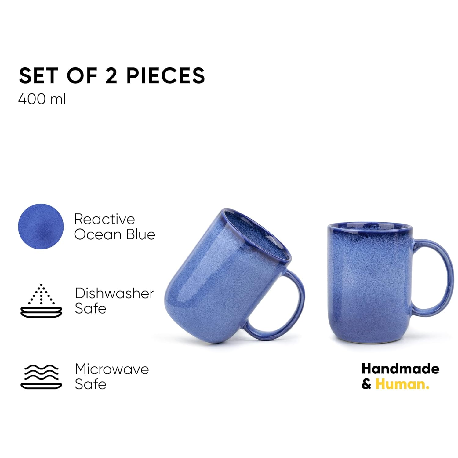 Large Ceramic Coffee Mug Set Of 2 - Blue Reactive, 400ml Each | Ceramic Tall Curvy Mug With Glossy Finish - Stoneware Mug For Coffee | Ceramic Coffee Mug - Microwave Safe & Dishwasher Safe