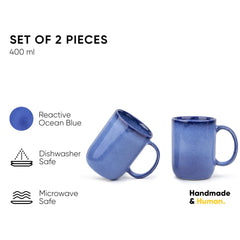 Large Ceramic Coffee Mug Set Of 2 - Blue Reactive, 400ml Each | Ceramic Tall Curvy Mug With Glossy Finish - Stoneware Mug For Coffee | Ceramic Coffee Mug - Microwave Safe & Dishwasher Safe