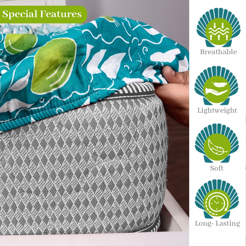 Double Bedsheet For Queen Size With 2 Pillow Covers - 60 X 78 Inches, Sea Green & White | All Around Elastic Fitted Soft, Lightweight & Breathable Cotton Bedsheet