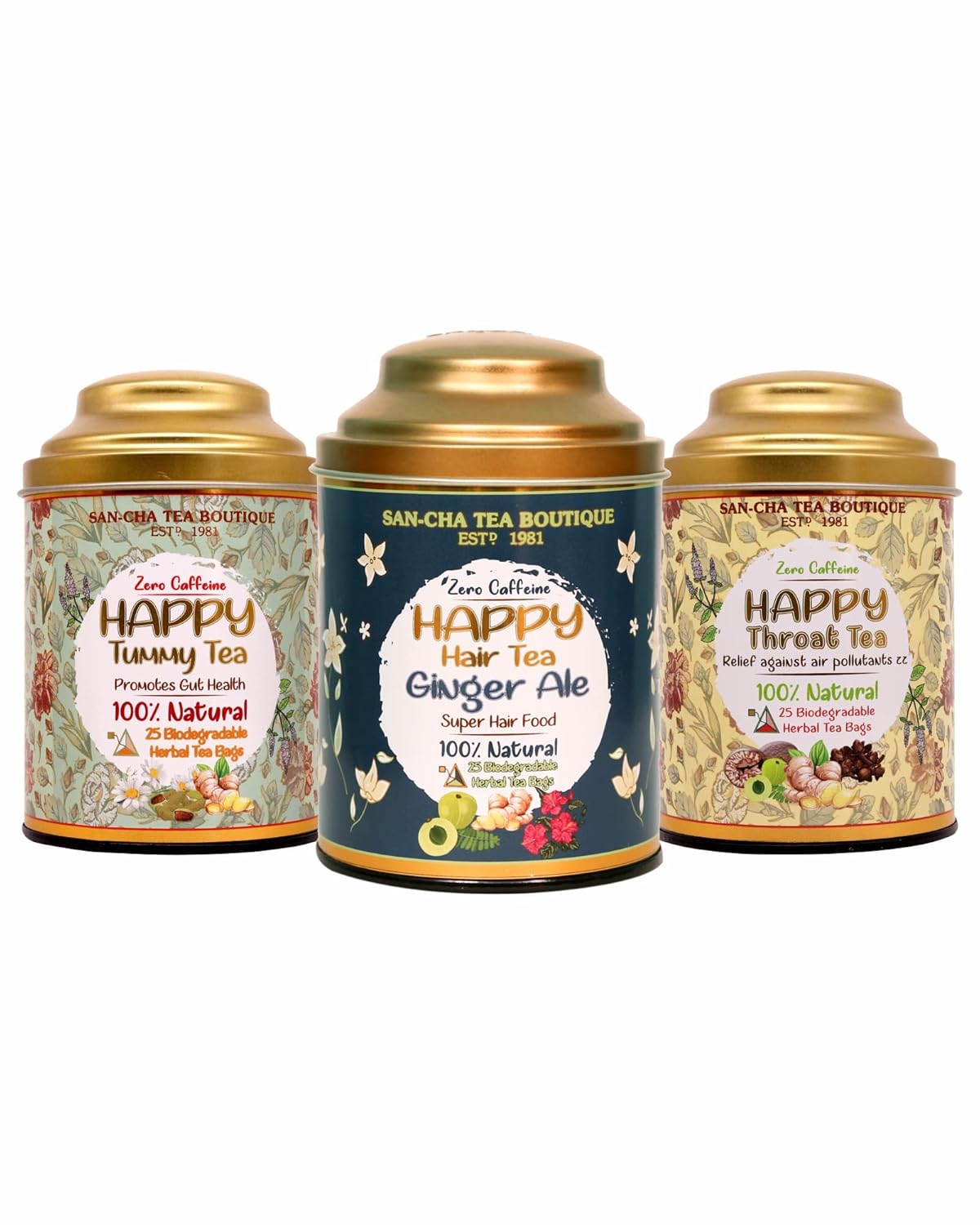 San-Cha Happy Tea Combo Pack Of 3 - Happy Tummy + Happy Hair + Happy Throat Herbal Tea Bags, 75 Pyramid Tea Bags | Zero Caffeine, Environment Friendly
