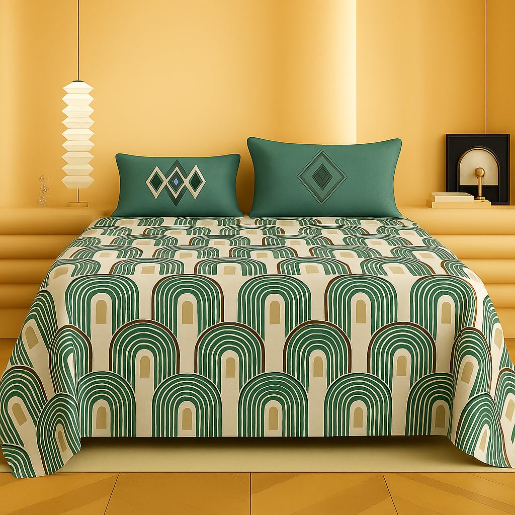1 Double Bedsheet With Two Pillow Covers - 90 X 94 Inches, Green & Ivory | 300 Thread Count Super Soft Bed Sheet For King Size Bed