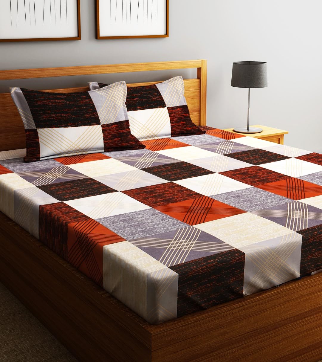 Microfiber Double Bedsheet With 2 Pillow Covers - 85 X 86 Inches, Grey & Rust Orange | Normal Hand Wash Or Machine Wash | 144 Thread Count