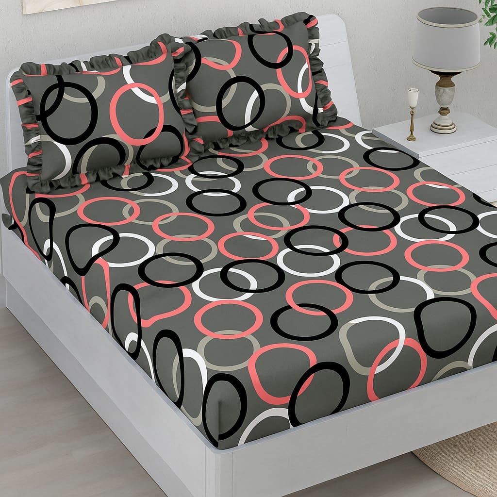 Premium Heavy King Size Bedsheet With 2 Frill Pillow Covers | 72 X 78 Inches, Grey & Black | Double Bed, All-Around Elastic Fitted | Luxurious Comfort & Durability