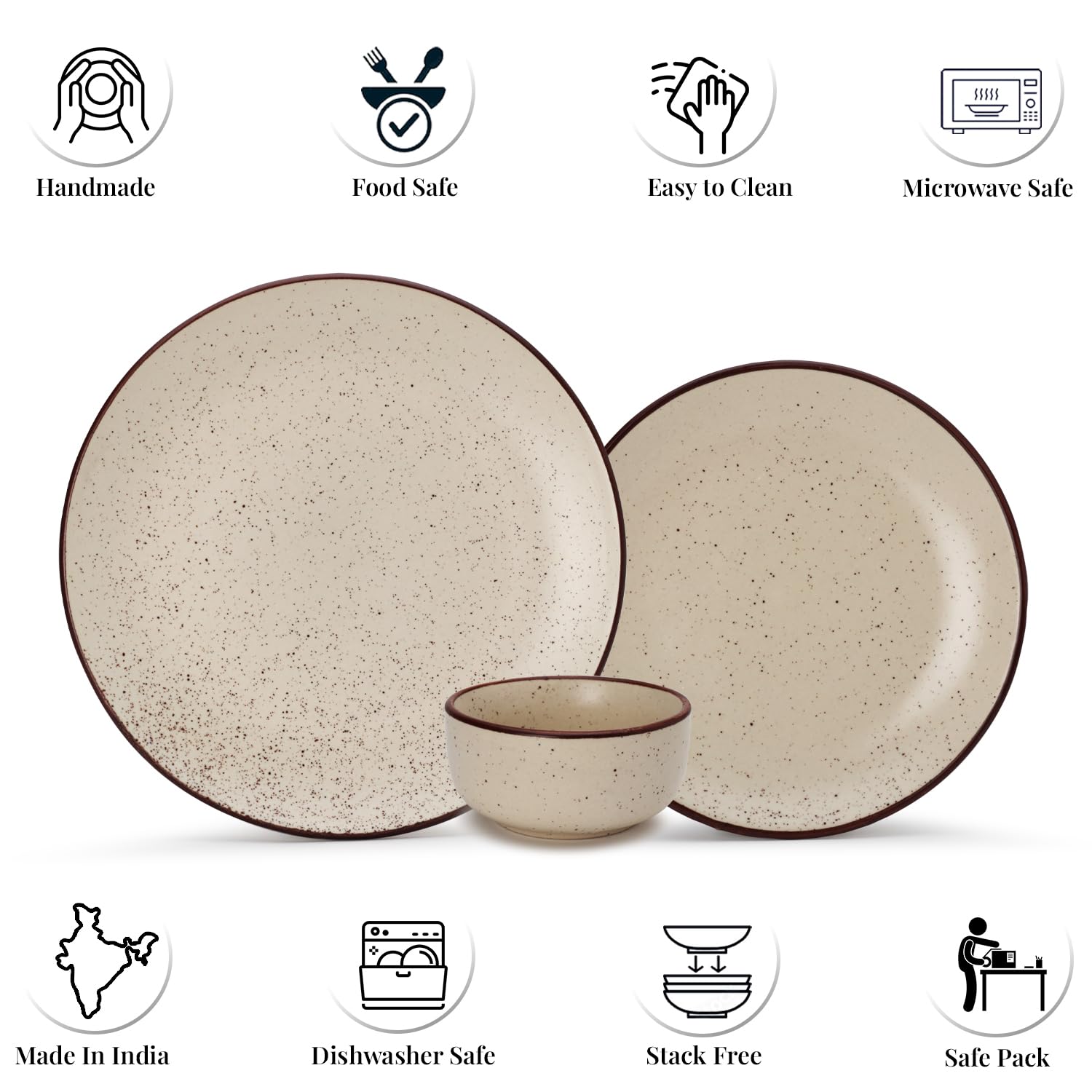 Handcrafted Ceramic Stoneware Dinner Set Of 6 Pcs - Beige Speckled | 2 Dinner Plates, 10.6 Inch Each + 2 Small Plates, 7.4 Inch Each + 2 Small Dinner Bowl, 170ml Each | Microwave & Dishwasher Safe