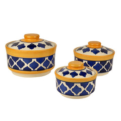 Hand Painted Ceramic Serving Donga With Lid Casserole Set Of 3 - 900ml, 500ml & 300ml, Blue & Yellow | Dinner Serving Set - Stackable Kitchen Bowl Set