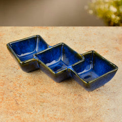 Studio Pottery Three Section Ceramic Serving Bowl | Blue, Length – 30 Cm, Height – 5.5 Cm, 750ml | Snack Bowl, Nut Bowls - Section Platter