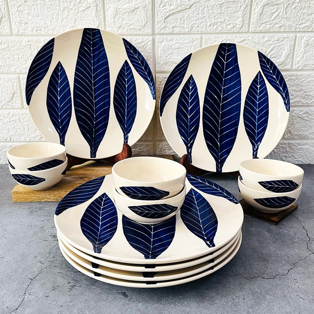 Patram Hand Painted Ceramic Dinner Set - 12 Pieces, White & Blue | 6 Dinner Plates + 6 Katori Bowls, 180ml Each Dinnerware Set | Serving For 6, Microwave Safe