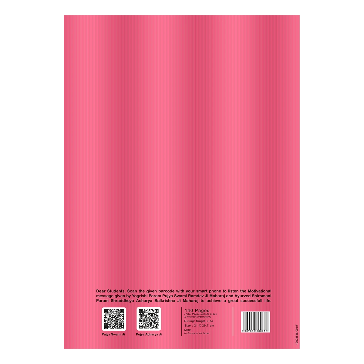 Patanjali A4 Gyanpath Notebook (29.7x21 Cm) Pink, 140pages Single Line, Pack Of 1