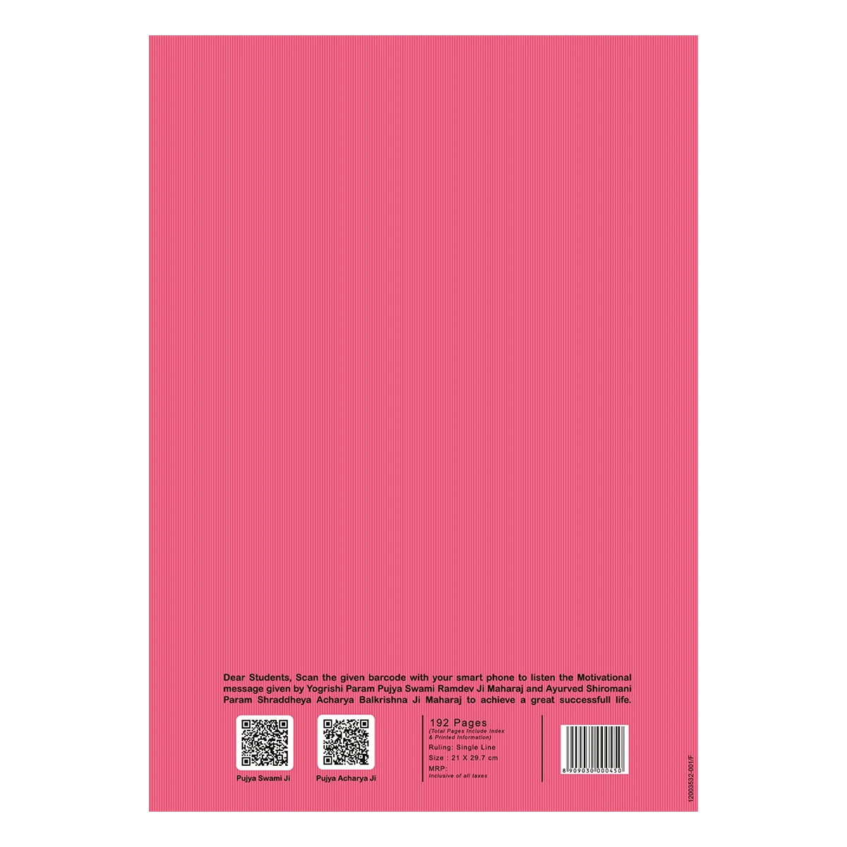 Patanjali A4 Gyanpath Notebook (29.7x21cm) Pink,192pages Single Line, Pack Of 1