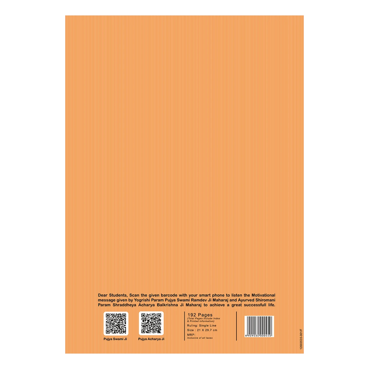 Patanjali A4 Gyanpath Notebook (29.7x21cm) Orange, 192pages Single Line, Pack Of 1