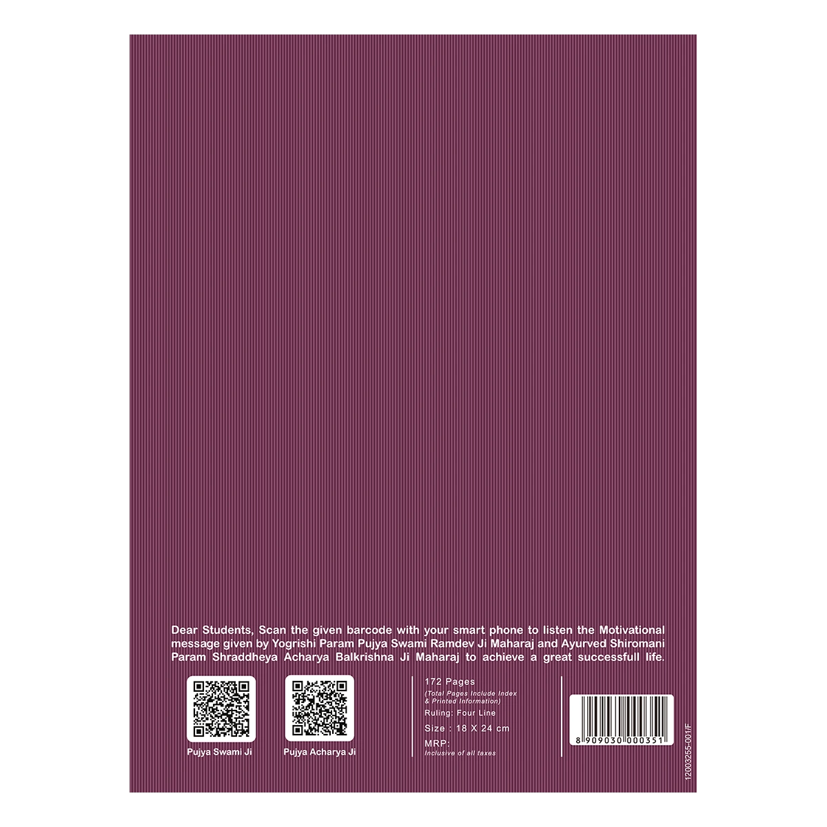 Patanjali Gyanpath Notebook (18x24 Cm) Purple, 172pages Four Line, Pack Of 1