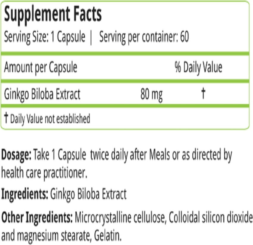 Natures Velvet Lifecare Ginkgo Biloba Extract 80mg, Improves Energy Levels | 60 Capsules 100gm 0.2lbs Each Pack Of 2