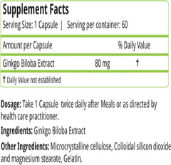 Natures Velvet Lifecare Ginkgo Biloba Extract 80mg, Improves Energy Levels | 60 Capsules 100gm 0.2lbs Each Pack Of 2