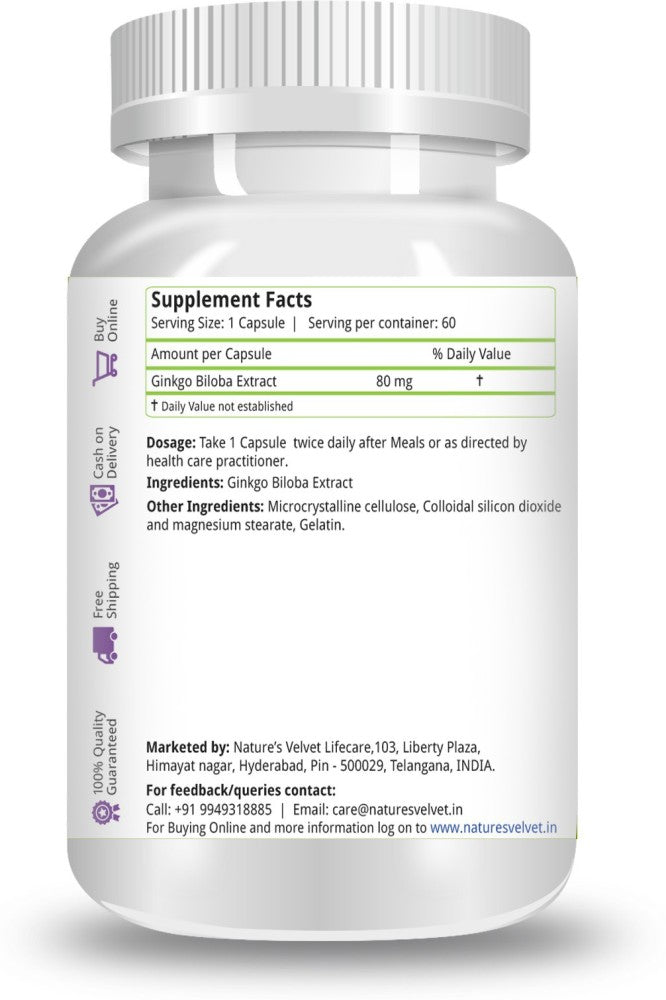 Natures Velvet Lifecare Ginkgo Biloba Extract 80mg, Improves Energy Levels | 60 Capsules 100gm 0.2lbs Each Pack Of 2