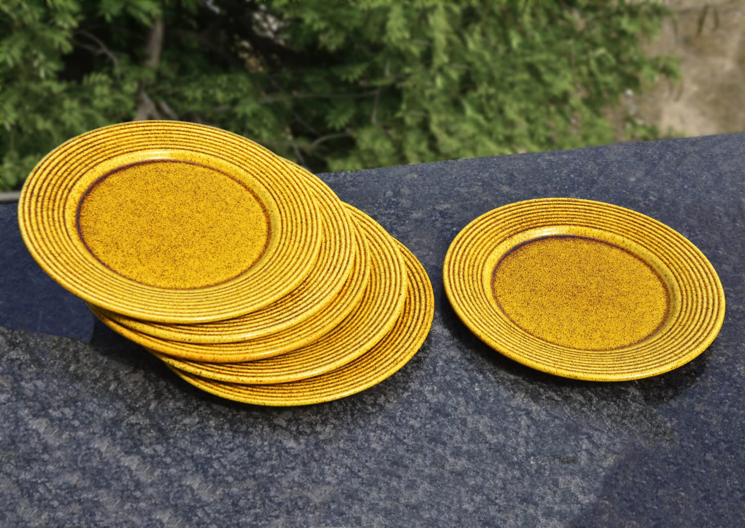 Studio Pottery Ceramic Dinner Serving Plates Set Of 6 - Mustard Yellow, Diameter: 11 Inches | Full Plates - Ceramic Platter - California Spring Bloom