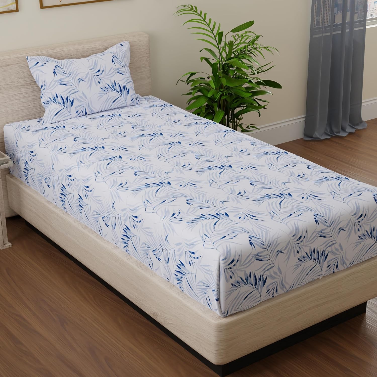 Cotton Single Bedsheets With 1 Pillow Covers - 55 X 88 Inches, Blue Nova & White | Ideal For House - Bedroom, Guest Room, Perfect Gift For Festivals