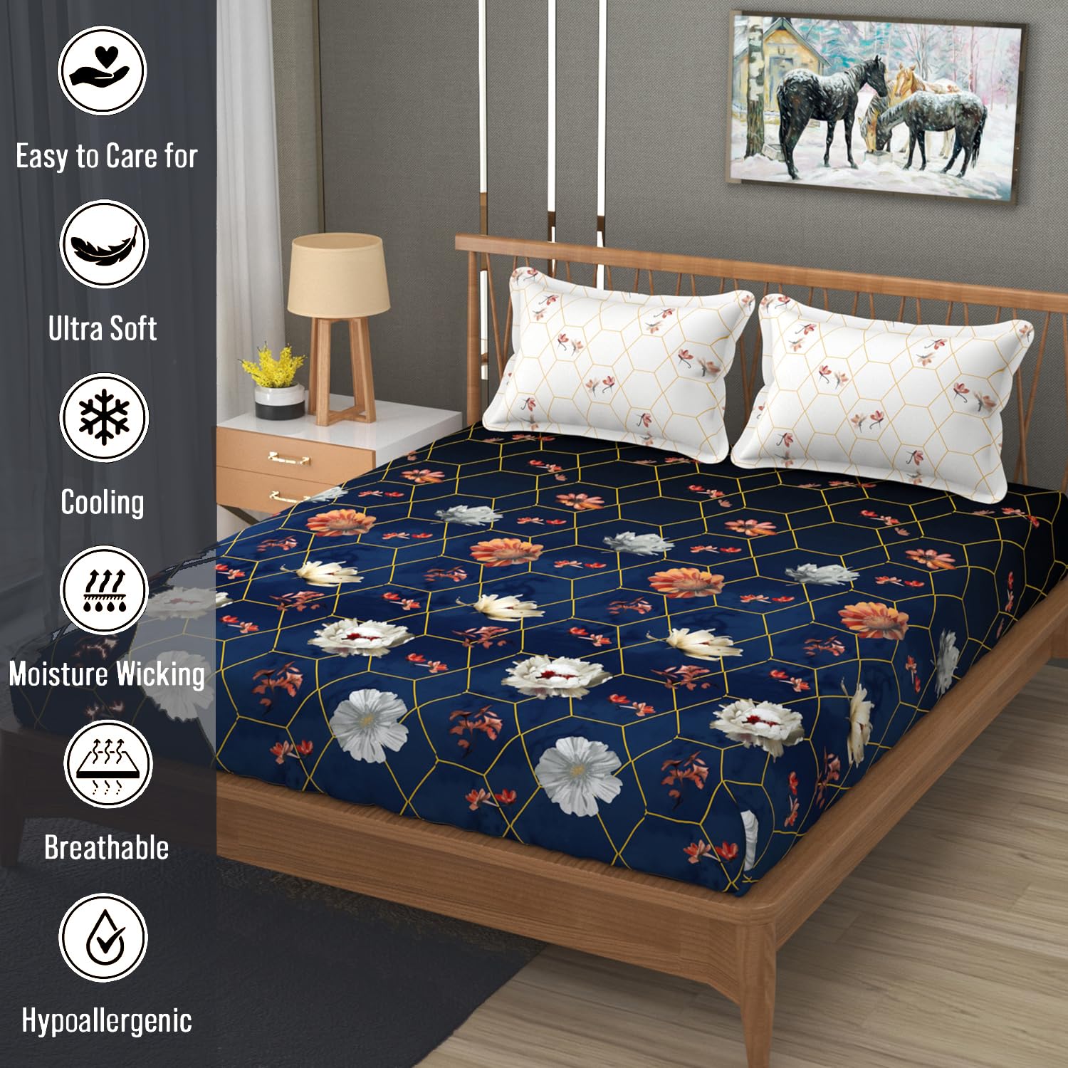 Bedsheet For Double Bed Queen Size With 2 Pillow Cover - 100 X 100 Inches, Royal Blue & White | Perfect For Gifting On Weddings Bedsheet