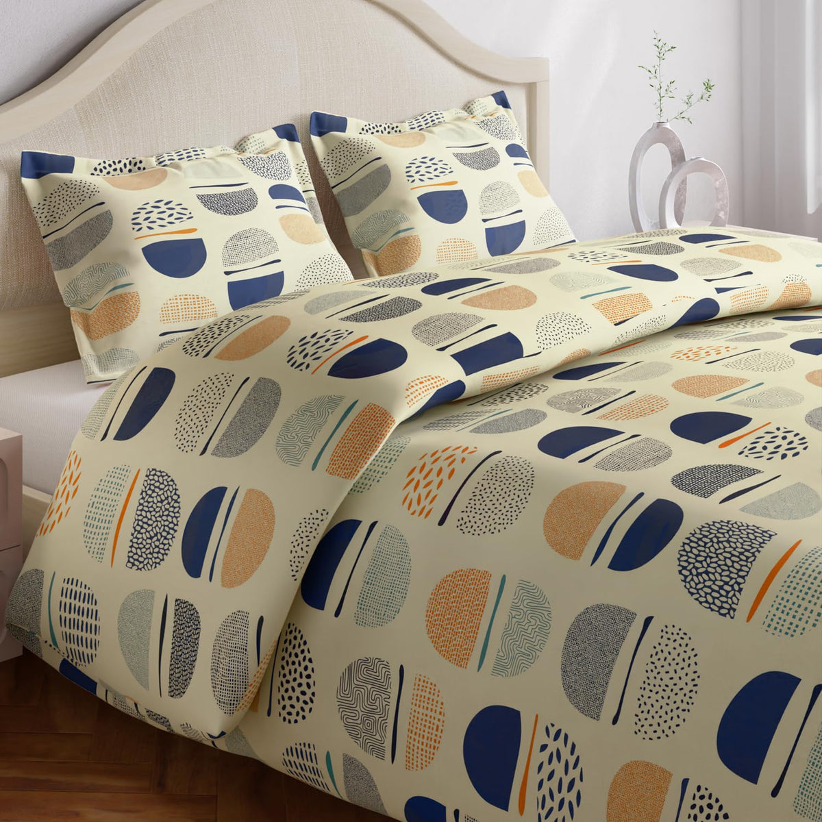 King Size Pure Cotton Bedsheet With 2 Pillow Covers | 108 X 108 Inches, Beige & Blue | Perfect For Gifting On Weddings, Housewarmings, Or Anniversaries
