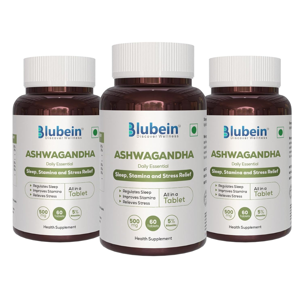 Blubein Ashwagandha Natural Stress Reliever, Enhances Physical Performance 500mg With 5% Withanolides, For Stress Relief & Anxiety Reduction | 60 Tablets 100gm 0.2lbs Each Pack Of 3