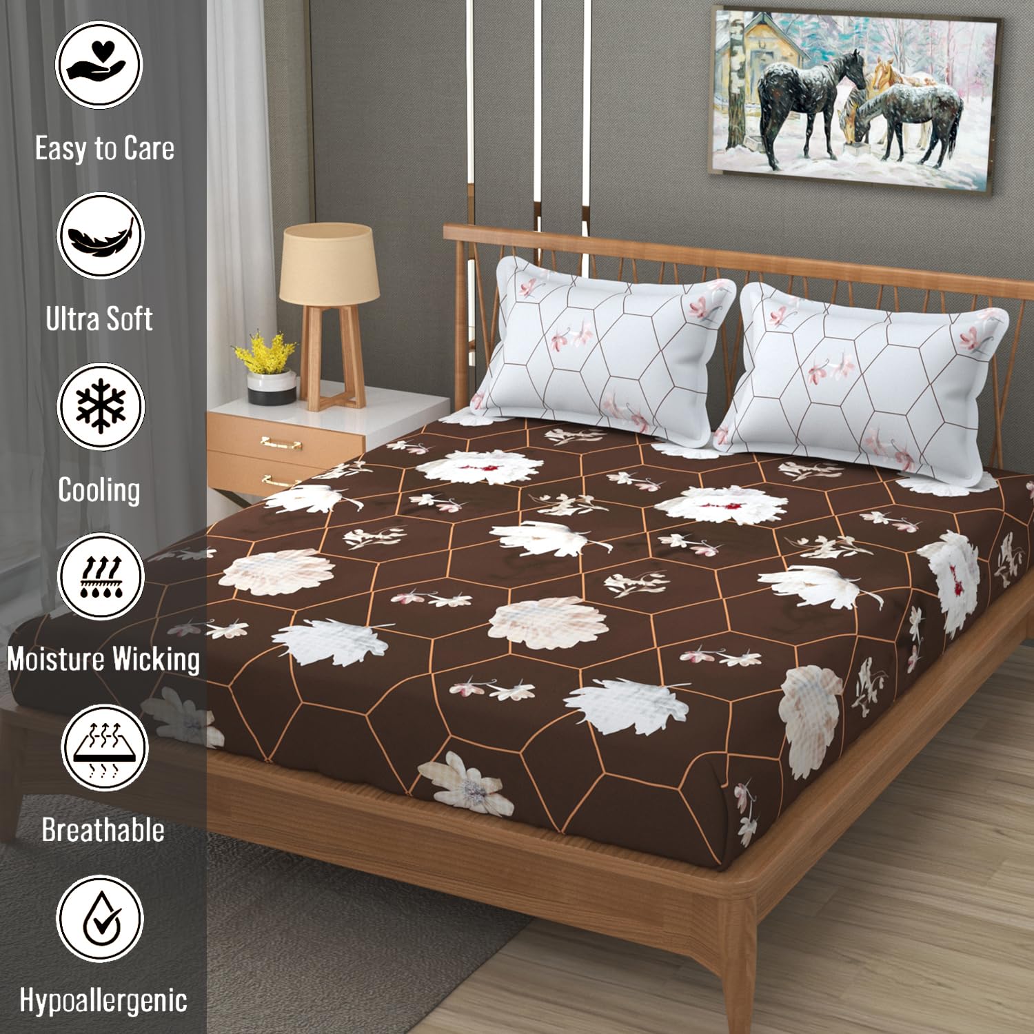Bedsheet For Double Bed Queen Size With 2 Pillow Cover - 100 X 100 Inches, Brown & White | Perfect For Gifting On Weddings Bedsheet