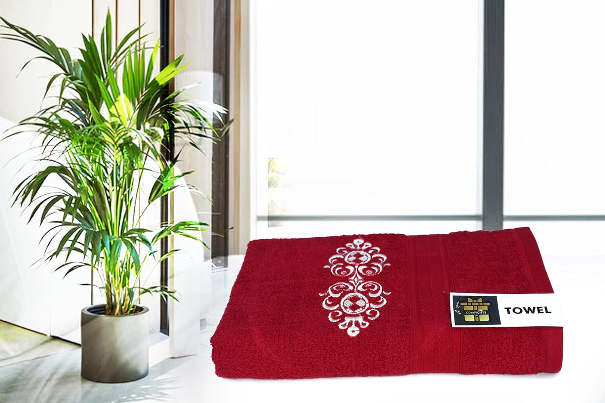 Comfigifts 100% Cotton 2 Bath & 2 Hand Towels 1400 Gsm | Soft, Absorbent, Lightweight Towels With Computerized Embroidery (Maroon)