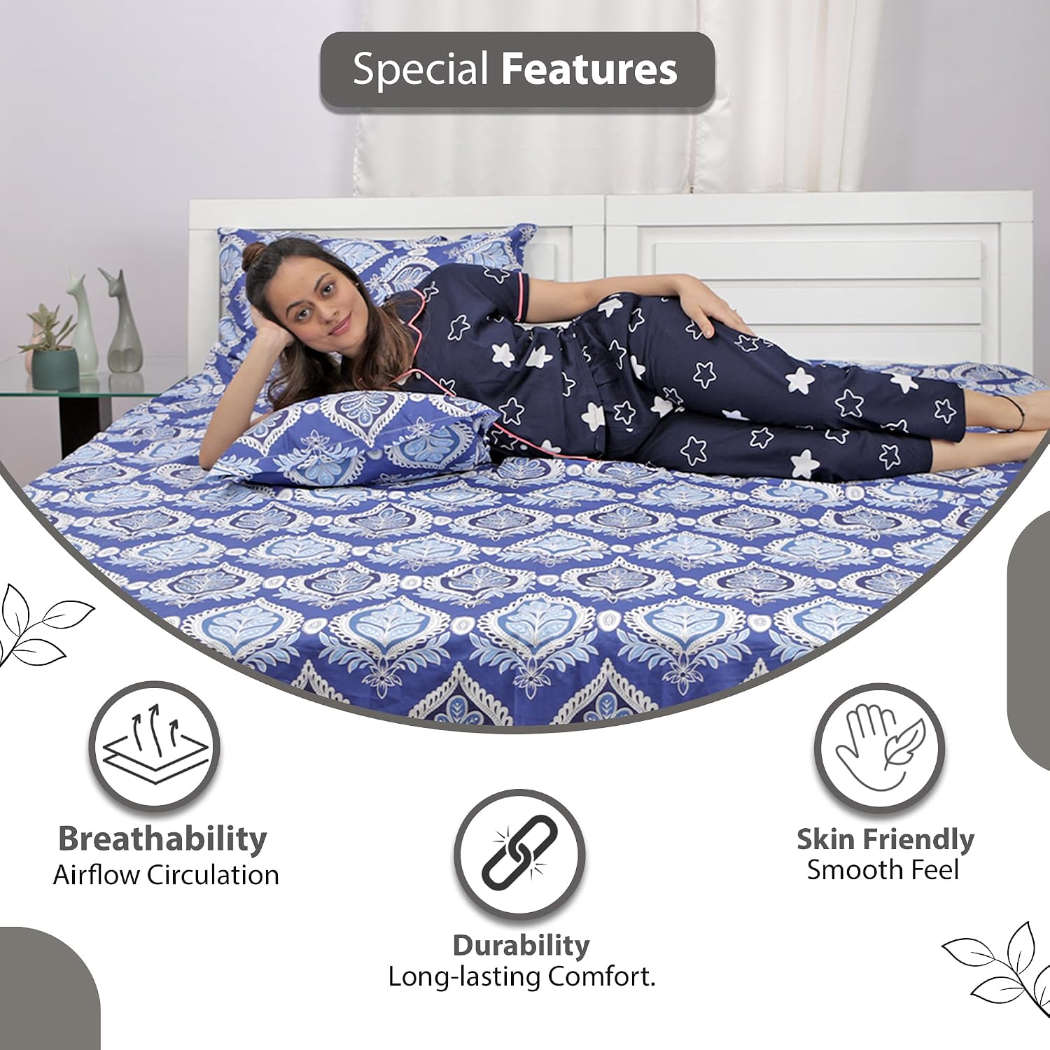 100% Pure Cotton Double Bedsheet For Queen With 2 Pillow Covers - 87 X 100 Inches, Blue & White | Soft & Durable For Everyday Use & Bedroom - All Season Comfort