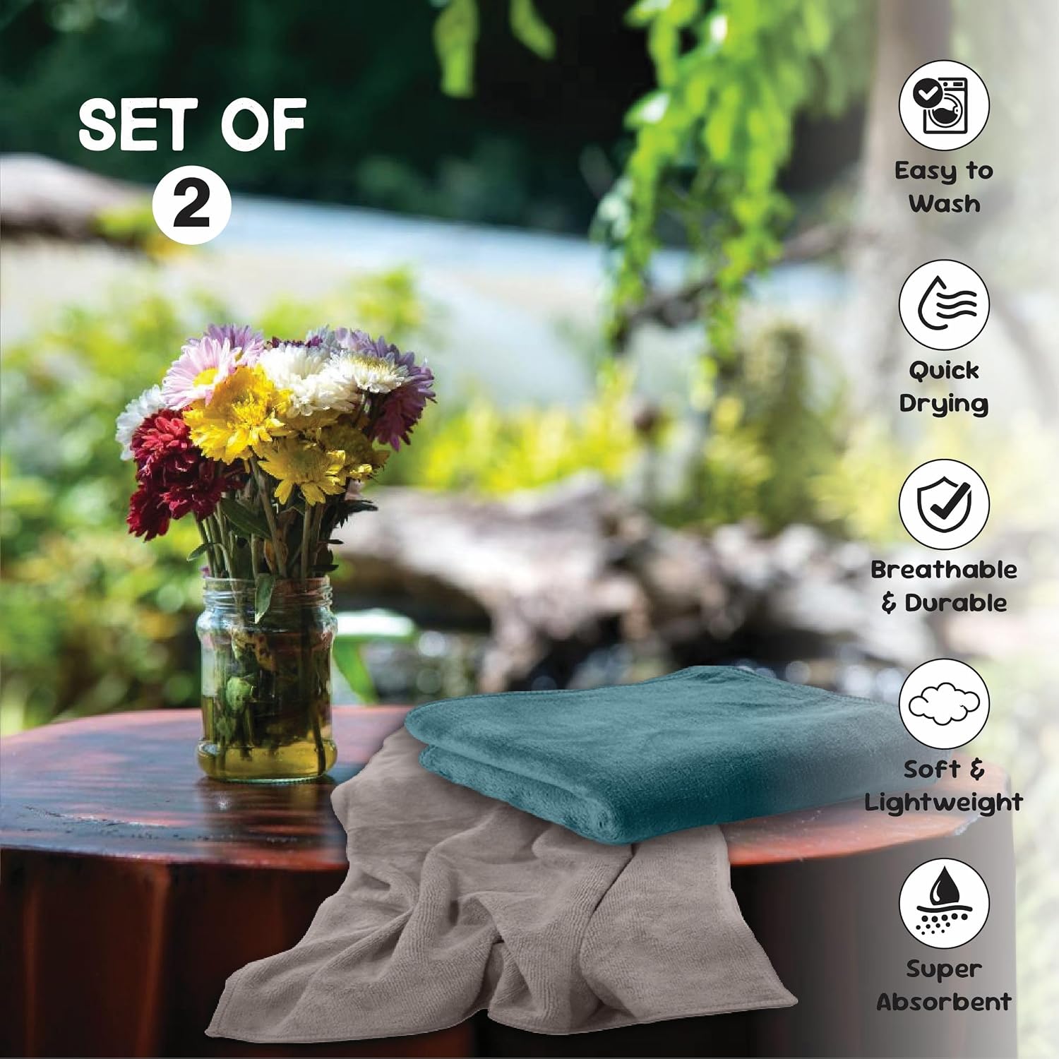 Housse Microfiber Hand Towel 400 Gsm | Premium Quality Towels Ultra Absorbent & Anti-Bacterial For Gym (Atmosphere & Pacific Green) - Pack Of 2