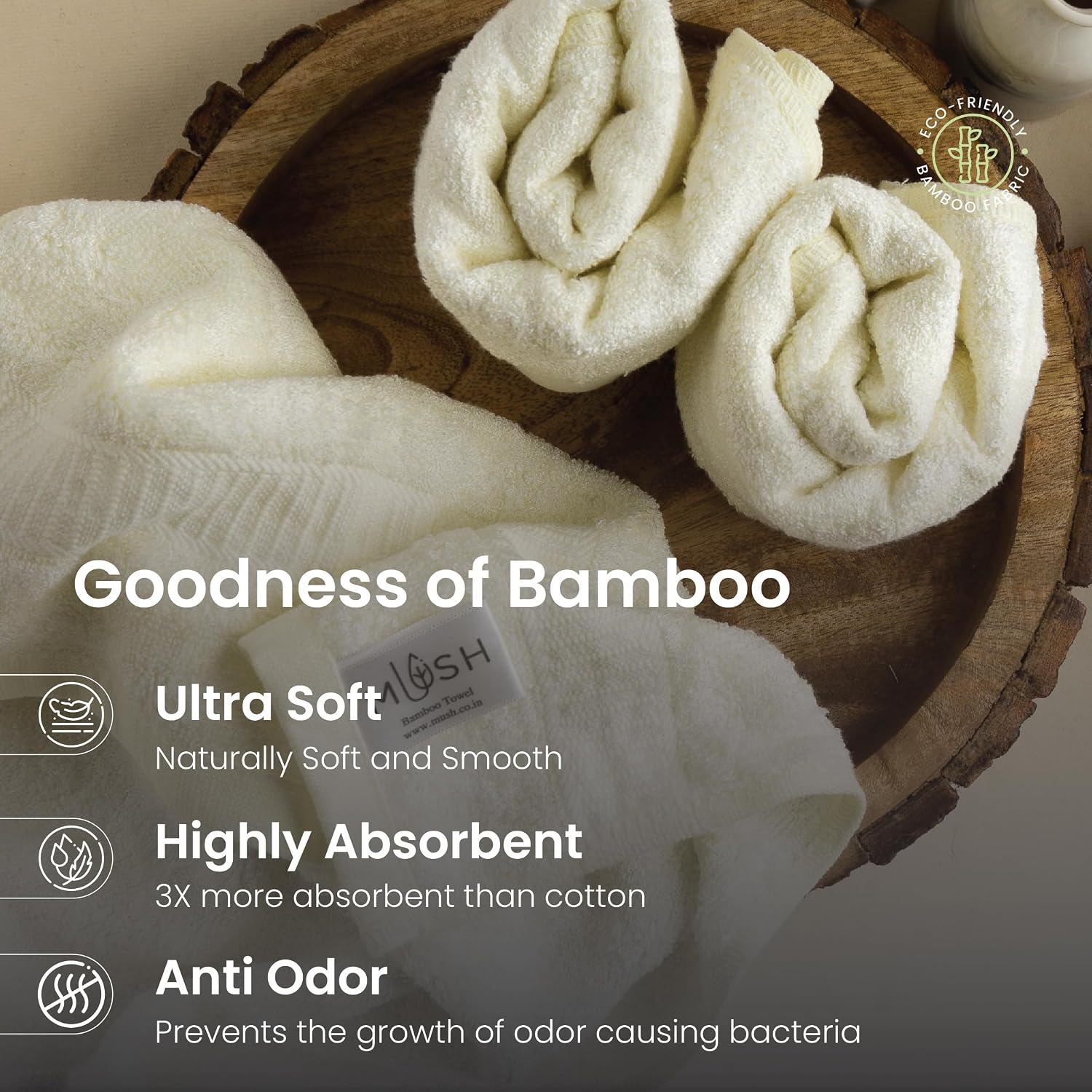 Mush 100% Bamboo Face Towel 500 Gsm | Ultra Soft, Absorbent, & Quick Dry Towels For Facewash, Gym, Travel | Suitable For Sensitive/Acne Prone Skin | Set Of 3 (Cream)